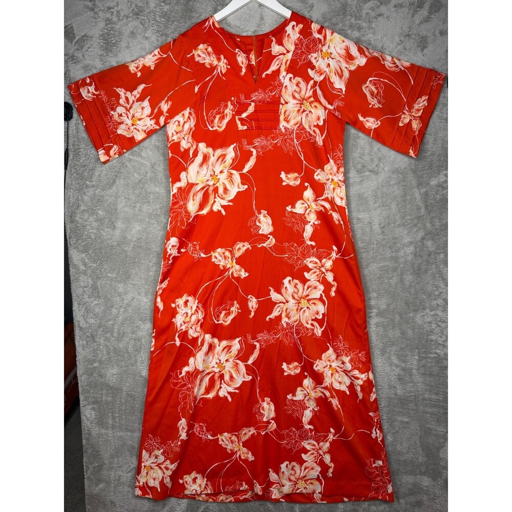 Vtg 70s McInerny Muumuu Dress Womens 20 Orange Red Hawaii Floral Short Sleeve
